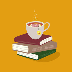 Flat vector illustration of a Cup of tea with lemon, which stands on a stack of books. tea break during training.