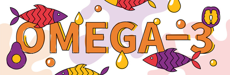 Flat vector illustration of omega 3 sources. Fish, seafood, fatty acids oil banner concept, avocado, walnut.