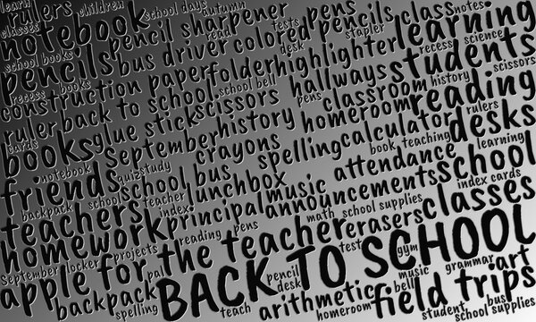Black and silver word cloud with typography on the topic of "Back to School"