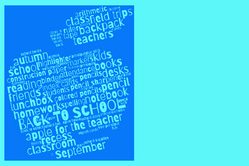 "Back to School" word cloud in the shape of an apple, blank area with space for your text