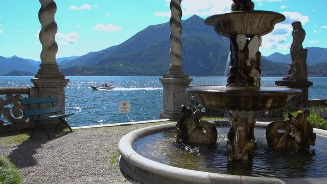 Beautiful fountain in the gardens of villa Monastero in Varenna.4K