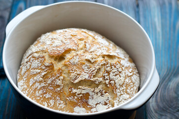 Homemade bread cooked in a cast iron pan