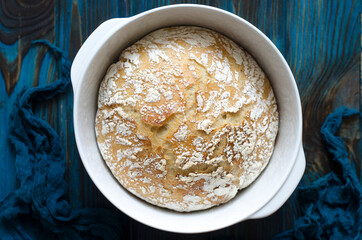 Homemade bread cooked in a cast iron pan