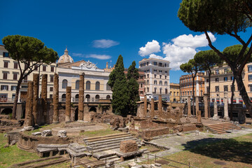 Fototapeta na wymiar Rome - Italy: Largo di Torre Argentina, a square in Rome with four ancient Roman Republican temples and the remains of Pompey's Theatre, the place where Julius Caesar was assassinated