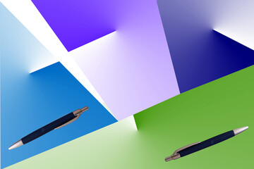 Pens inside the abstract polygons conically lit