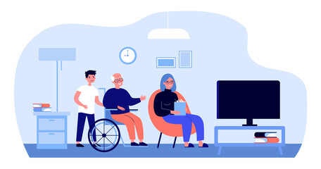 Cheerful diverse people watching TV. Senior couple, assistant, disabled man in wheelchair flat vector illustration. Leisure time, movie, show concept for banner, website design or landing web page