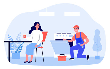 Repair man working on broken oven. Woman drinking tea in kitchen flat vector illustration. Home appliance, service call, housekeeping concept for banner, website design or landing web page