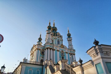 Fototapeta na wymiar Saint Andrew's church/cathedral Kiev/Kyiv Ukraine. Low angle view. 