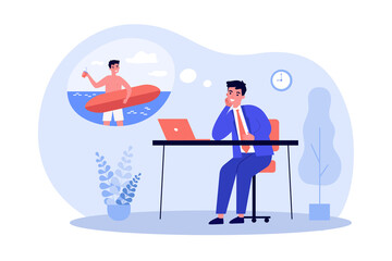 Office manager dreaming about surfing isolated flat vector illustration. Business person sitting at work and relaxing in mind. Holiday and vacation concept