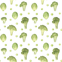 Seamless pattern with green vegetables: broccoli, Brussels sprout and pea. Watercolor hand drawn illustration. Fresh and nature-friendly artwork. 