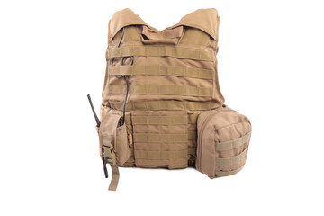 Isolated photo of a military armor olive colored tactical vest molle system with pouches, white...