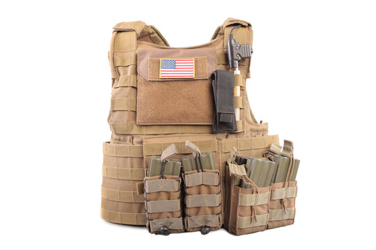 Isolated photo of a military armor olive colored tactical vest molle system with pouches, white background.