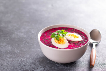 Summer Cold beetroot soup with fresh vegetables and boiled egg on a concrete background. Place for text