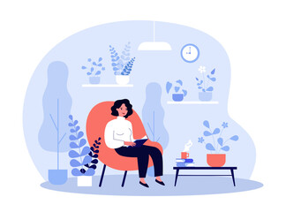 Woman reading book in home garden and sitting in armchair isolated flat vector illustration. Lady relaxing in cozy room with plants. Houseplant, gardening and hobby concept
