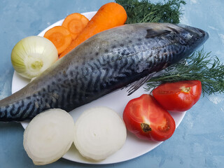 Fresh mackerel fish on a plate with vegetables ingredients for cooking on a blue background