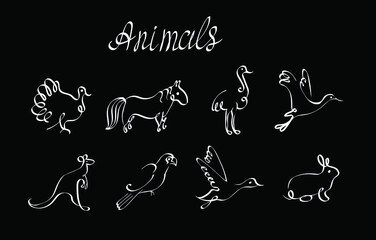 Animals , lineart , chalk lettering vector isolated design elements on black background. Concept for logo, icon, cards 