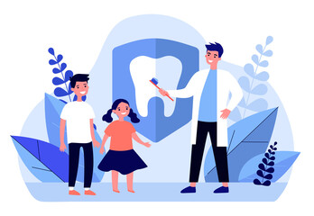 Dentist teaching kids to brush teeth. Children, orthodontist, clinic flat vector illustration. Awareness day, dental care concept for banner, website design or landing web page