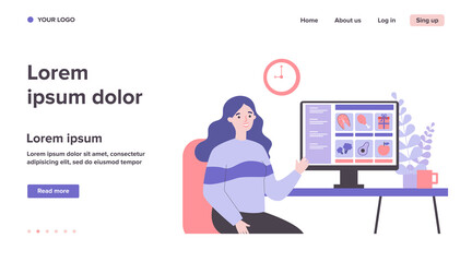 Customer choosing food in online grocery store. Woman at computer, internet shop flat vector illustration. Service, food order during lockdown concept for banner, website design or landing web page