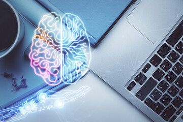 Multi exposure of brain sketch hologram over topview work table background with computer. Concept of big data.