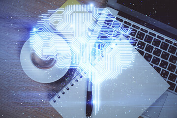 Multi exposure of brain sketch hologram over topview work table background with computer. Concept...