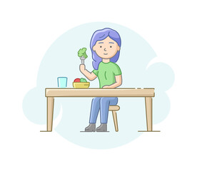 Good Nutrition Concept. Causes and Consequences Of Unhealthy Eating. Female Character Adhere Healthy Lifestyle, Eating Healthy Vegan Plant Food. Cartoon Linear Outline Flat Style. Vector Illustration