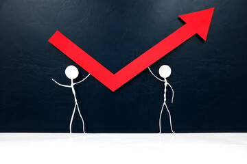 Human stick figures carrying a red arrow pointing upward. Economy bounce back and recovery concept.