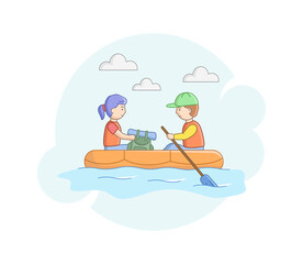 Camping Tourism Concept. Tourist Hiking. Young Couple Man And Woman Sailing. Male And Female Characters With Camping Tourist Backpack Cross The River. Cartoon Linear Outline Flat Vector Illustration