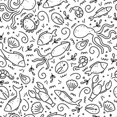 Hand drawn seamless pattern of seafood elements, fish, lobster, oyster, octopus, shrimp. Doodle sketch style. Sea food element drawn by dogital pen. Vector illustration for icon, menu, recipe design.