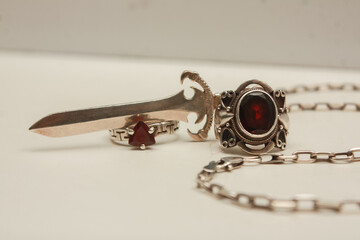 Silver pendant in the shape of a sword on an anchor chain, silver set of earrings and rings with natural red garnet stone, pendant in the shape of a lizard with transparent zircon on a white backgroun