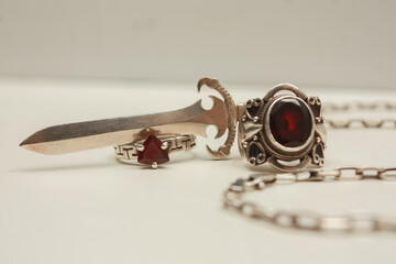 Silver pendant in the shape of a sword on an anchor chain, silver set of earrings and rings with natural red garnet stone, pendant in the shape of a lizard with transparent zircon on a white backgroun