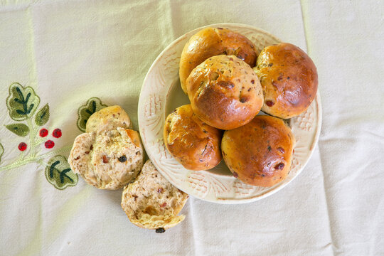 Rosinboller or Juleboller buns with christmas background