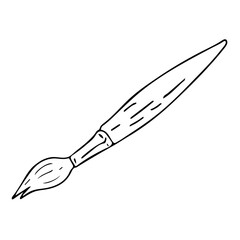 Obraz premium Drawn in doodle style vector illustration of art brush. Stationery for study at school. Vector design element isolated on a white background. Continuous line drawing