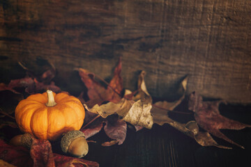 a dark rustic wood table filled with fall leaves and a bright orange miniature pumpkin for a Thanksgiving feast celebration invitation