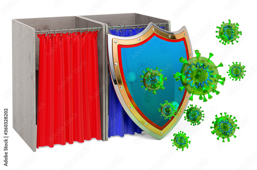 Poster polling booths with shield. protect from virus concept, 3d rendering
