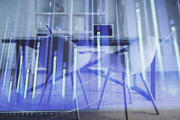 Multi exposure of financial graph drawing and office interior background. Concept of market analysis.