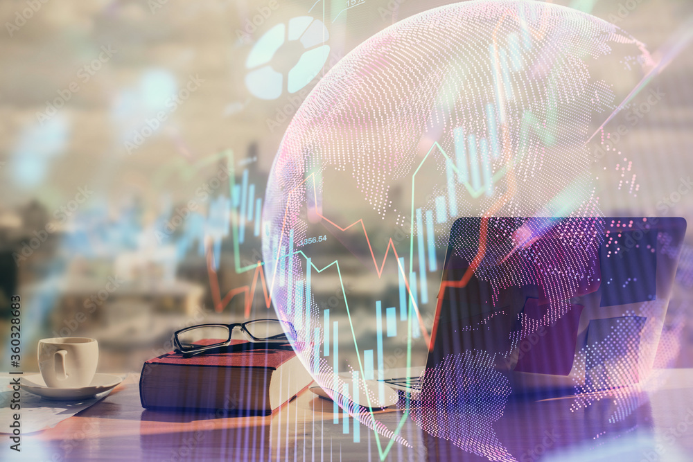 Poster double exposure of financial chart drawings and desk with open notebook background. concept of forex