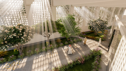 modern mosque with landscape and trees