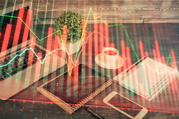 Double exposure of financial graph drawing and cell phone background. Concept of forex trading