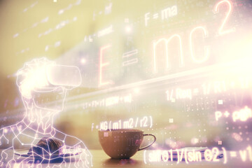 Double exposure of formula drawing hologram over coffee cup background in office. Concept education.