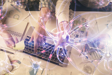 Double exposure of man and woman working together and neuron hologram drawing. Computer background....