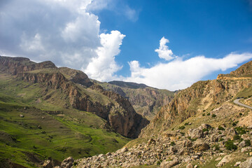 Beautiful landscape in the mountains at summer in daytime. Mountains at the sunset time. Azerbaijan, Caucasus. Khinalig