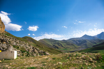 Beautiful landscape in the mountains at summer in daytime. Mountains at the sunset time. Azerbaijan, Caucasus. Khinalig