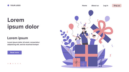 Happy man and children celebrating birthday. Gift, present, balloon flat vector illustration. Fun, party and holiday concept for banner, website design or landing web page