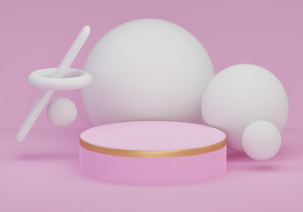 Stage Podium Scene with geometric shapes on pink background. Blank product stand, mock up. 3d illustration