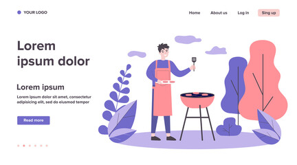 Happy man cooking barbecue meat outdoors. Cheerful guy grilling steaks outside. Flat vector illustration for bbq party, shashlik, summer activity concept