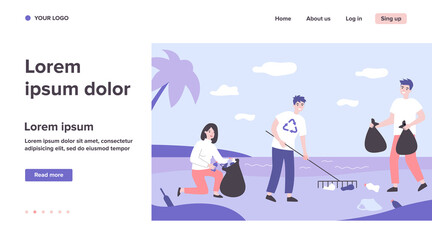 Eco volunteers collecting garbage outdoors. Young people with rake and plastic bags cleaning beach from trash. Can be used for environment pollution, recycling, nature or nature care concept