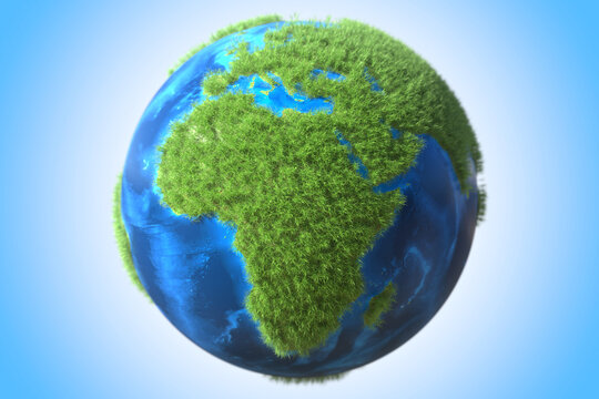 Africa continent covered with green grass on the Earth globe. Ecological sustainable technology related conceptual 3D rendering