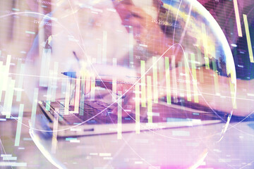Multi exposure of woman hands typing on computer and business theme hologram drawing. Success concept.