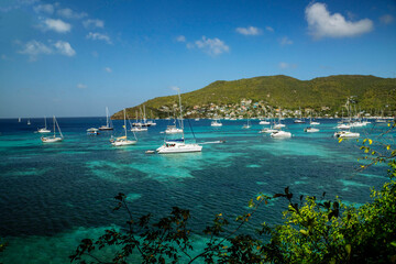 Sail boats in the Caribbean harbor of Bequia Island in Saint Vincent and the Grenadines 