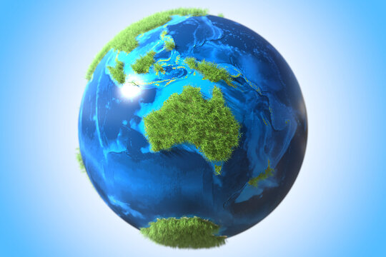Australia continent covered with green grass on the Earth globe. Ecological sustainable technology related conceptual 3D rendering